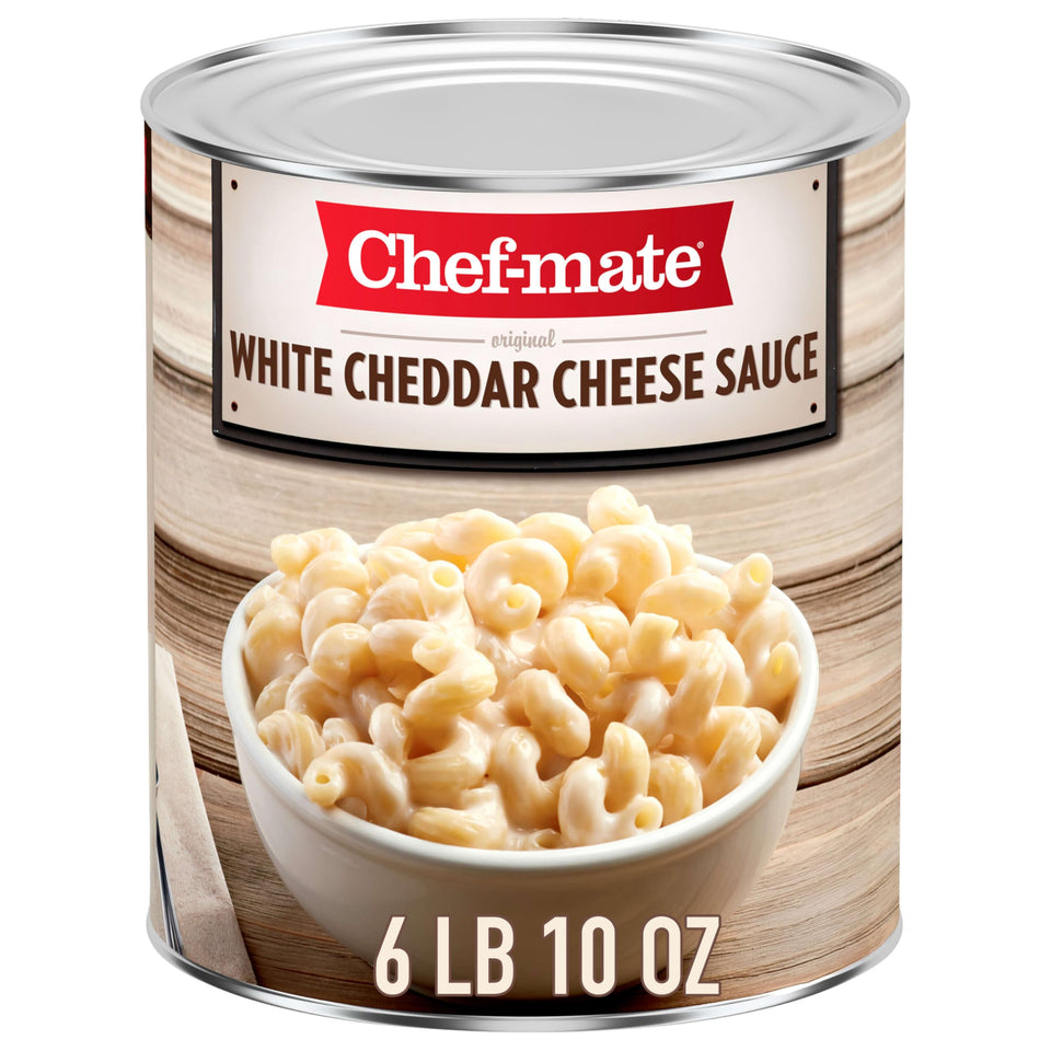 Chef-Mate White Cheddar Cheese Sauce can front view, shelf-stable bulk option for kitchens