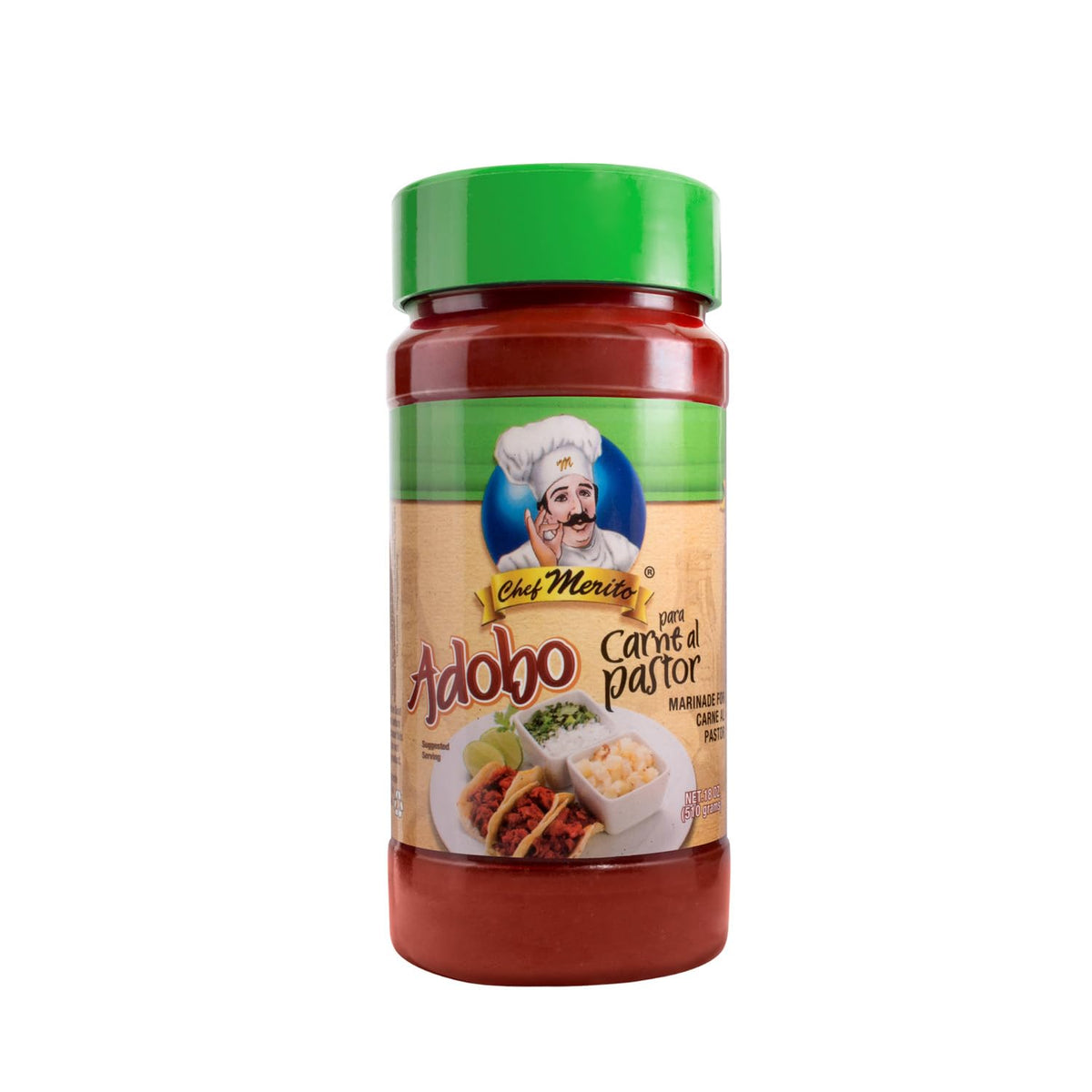 Chef Merito Adobo Carne Al Pastor bottle pour showcases a rich pork marinade