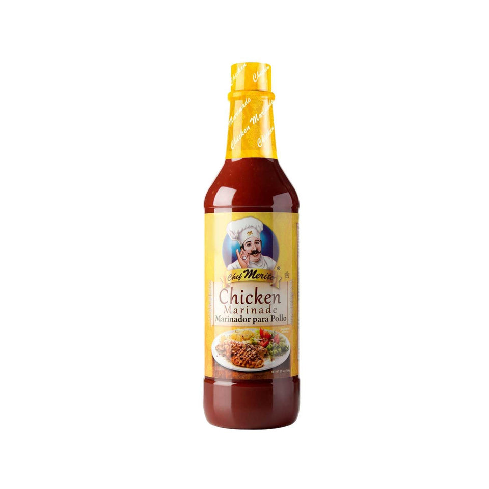 Chef Merito Chicken Marinade bottle with citrus and garlic blend for grilling.