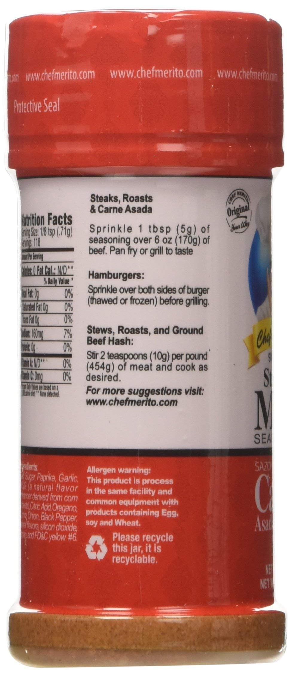 Chef Merito seasoning jar highlights bold garlic and cumin notes for meats