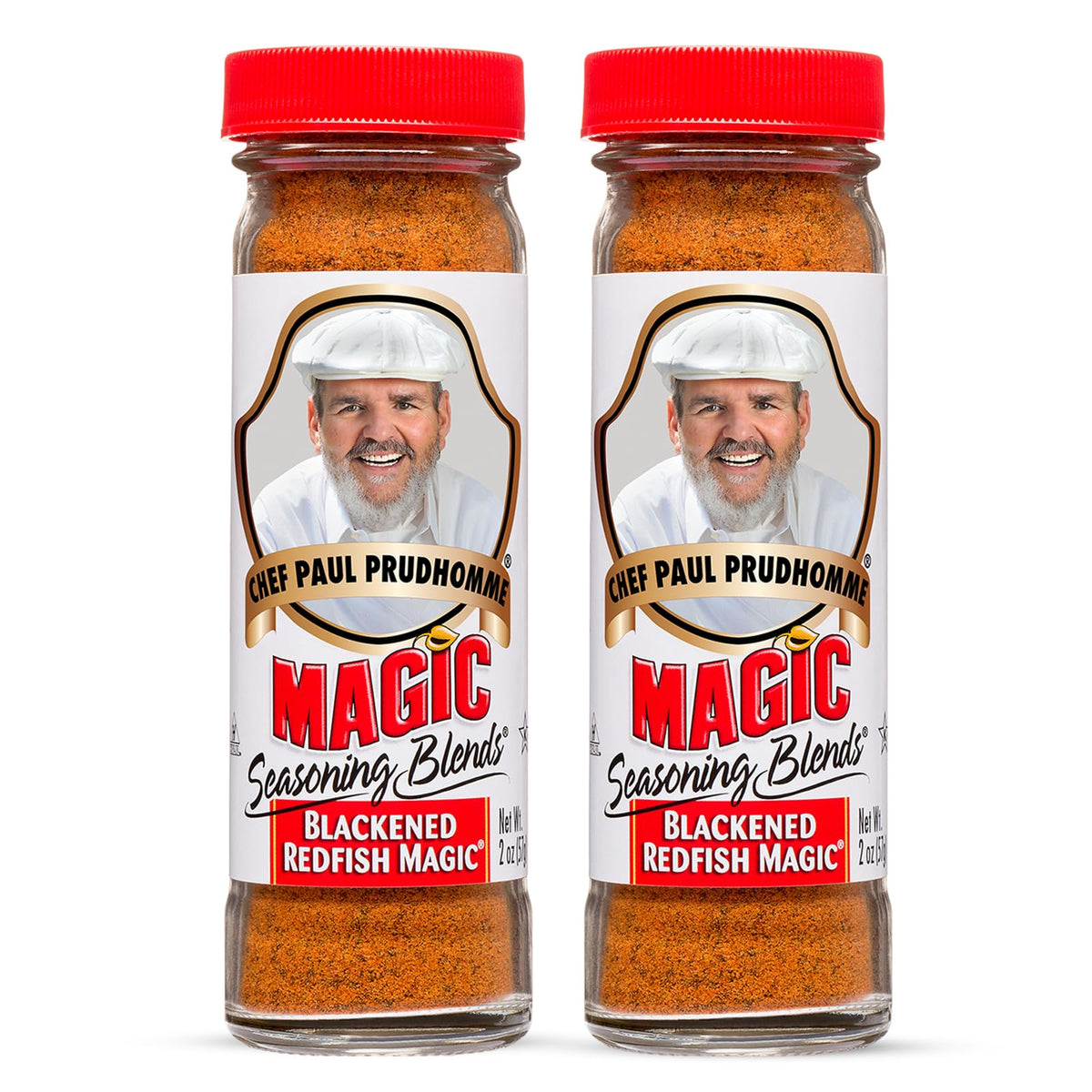 Chef Paul Prudhomme's Blackened Redfish seasoning canister showcases bold Cajun flavor for home cooking