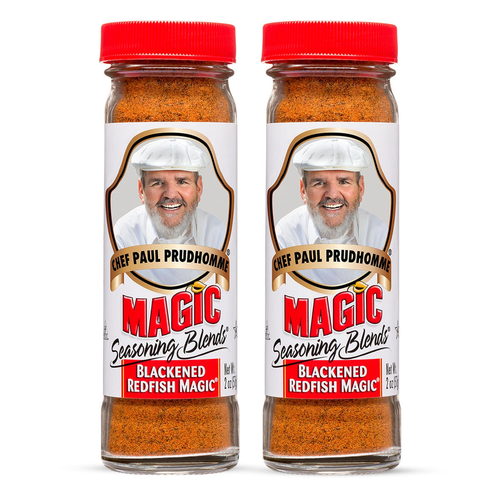 Chef Paul Prudhomme's Blackened Redfish seasoning canister showcases bold Cajun flavor for home cooking