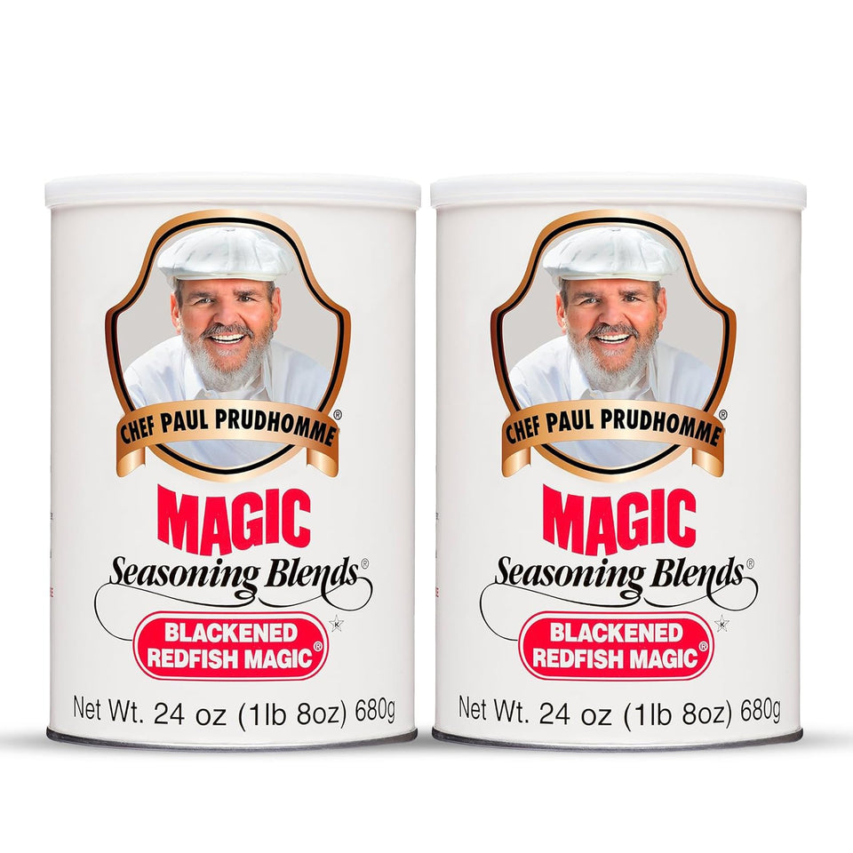 Chef Paul Prudhomme's Blackened Redfish Seasoning pack shot highlights bold Cajun flavor