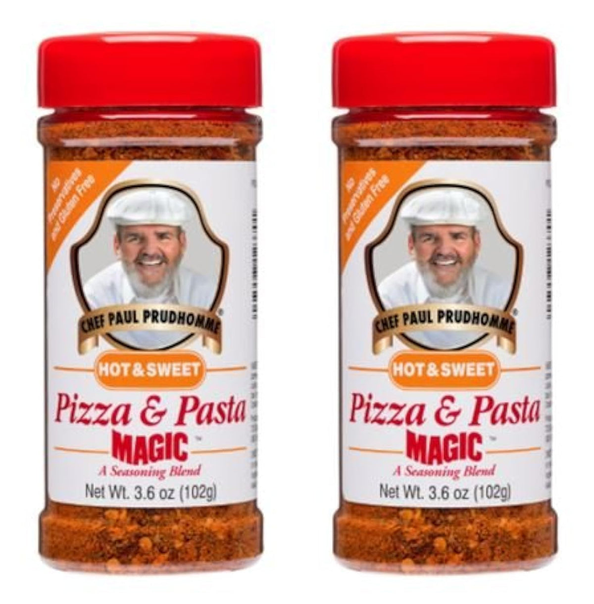 Chef Paul Prudhomme's Magic Seasoning Blend bottle boosts pizza and pasta flavor.