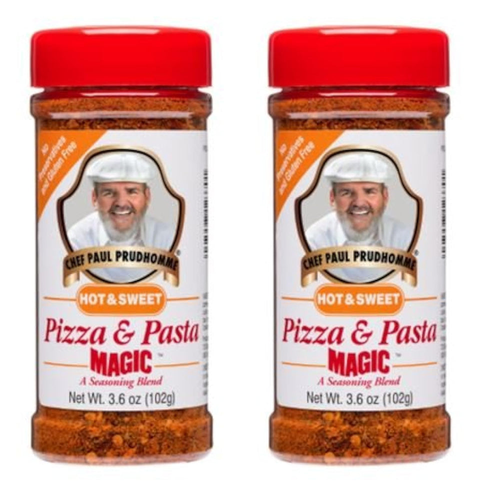 Chef Paul Prudhomme's Magic Seasoning Blend bottle boosts pizza and pasta flavor.