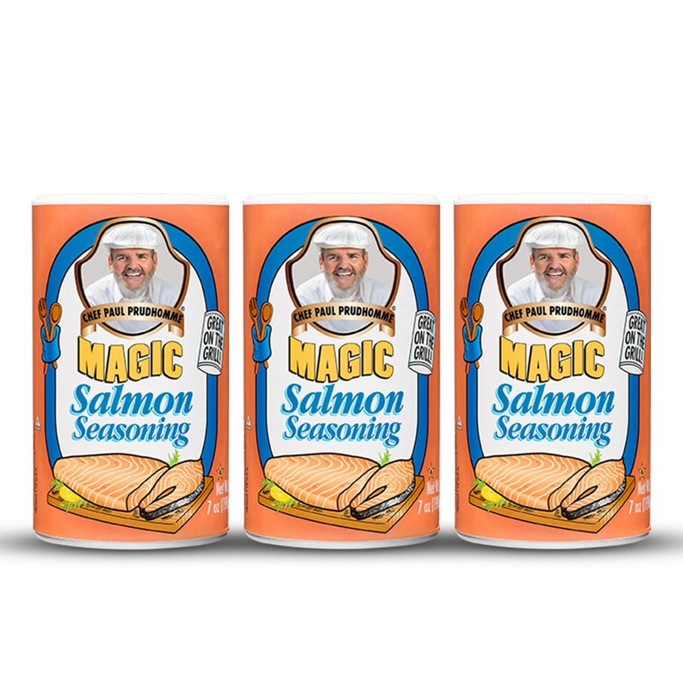 Chef Paul Prudhomme's Salmon Magic Seasoning bottle front boosts seafood flavor.
