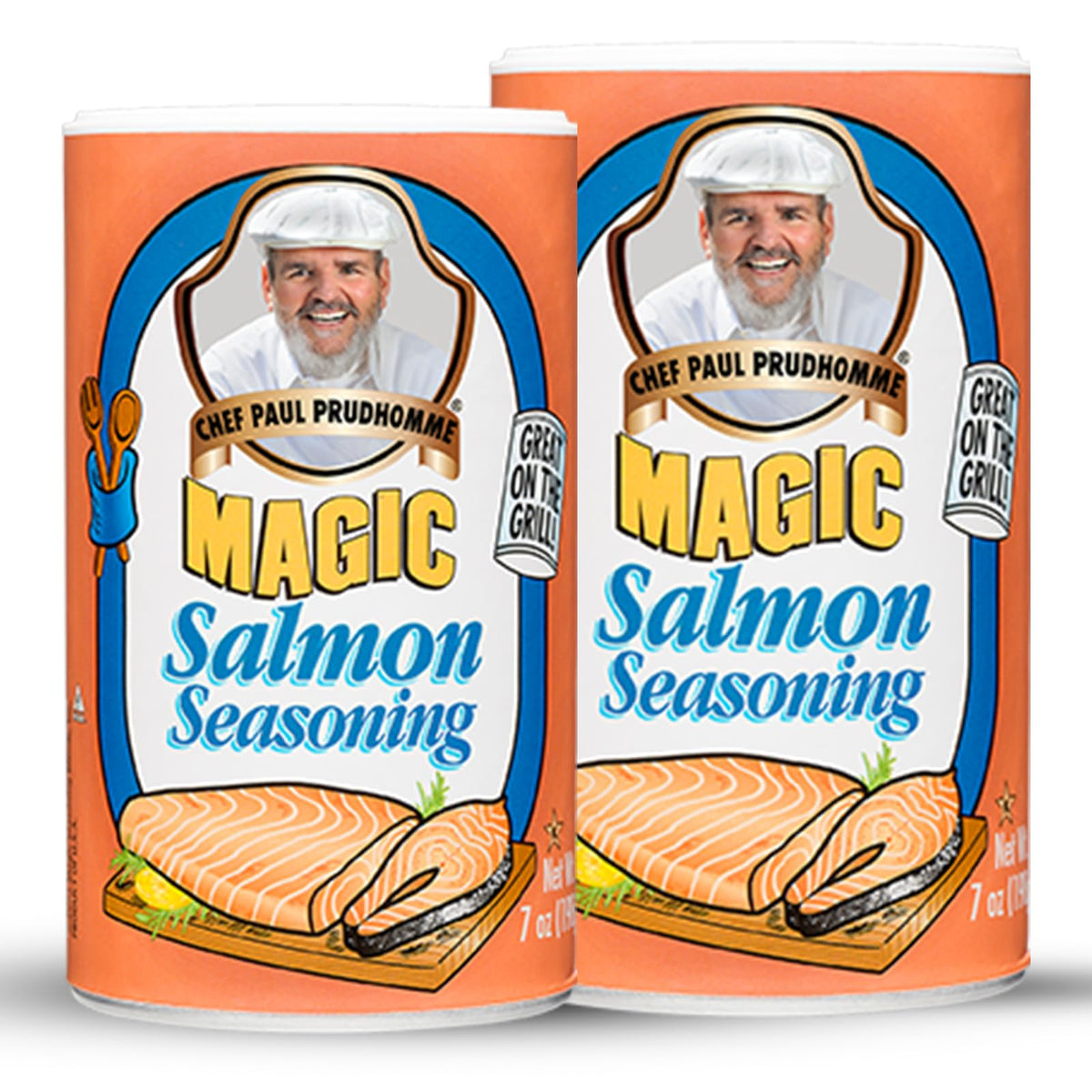 Chef Paul Prudhomme's Salmon Magic bottle ready for seafood seasoning.