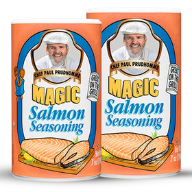 Chef Paul Prudhomme's Salmon Magic bottle ready for seafood seasoning.