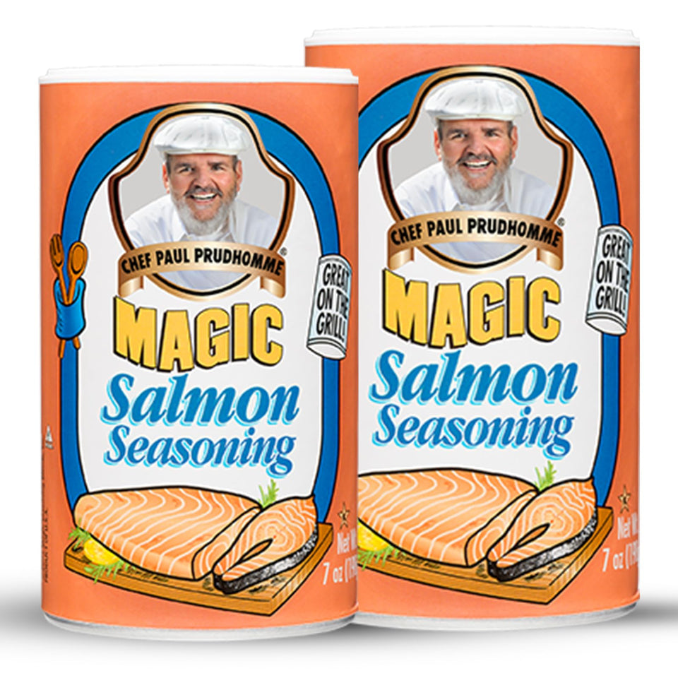Chef Paul Prudhomme's Salmon Magic bottle ready for seafood seasoning.
