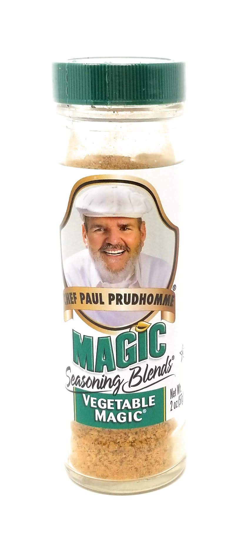 Chef Paul Prudhomme's Vegetable Magic Seasoning bottle with cap, ideal for enhancing vegetables.