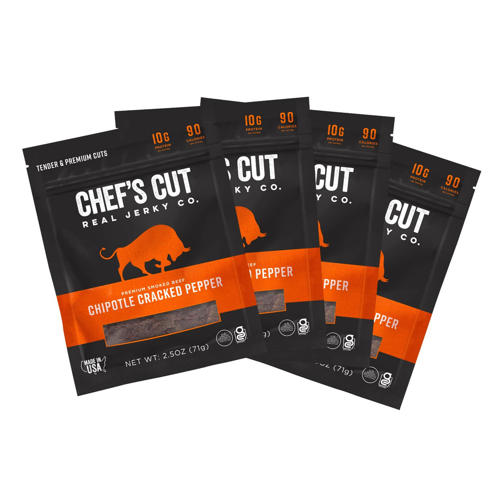 Chef's Cut Real Jerky Chipotle Steak Bag displaying premium protein on the go.