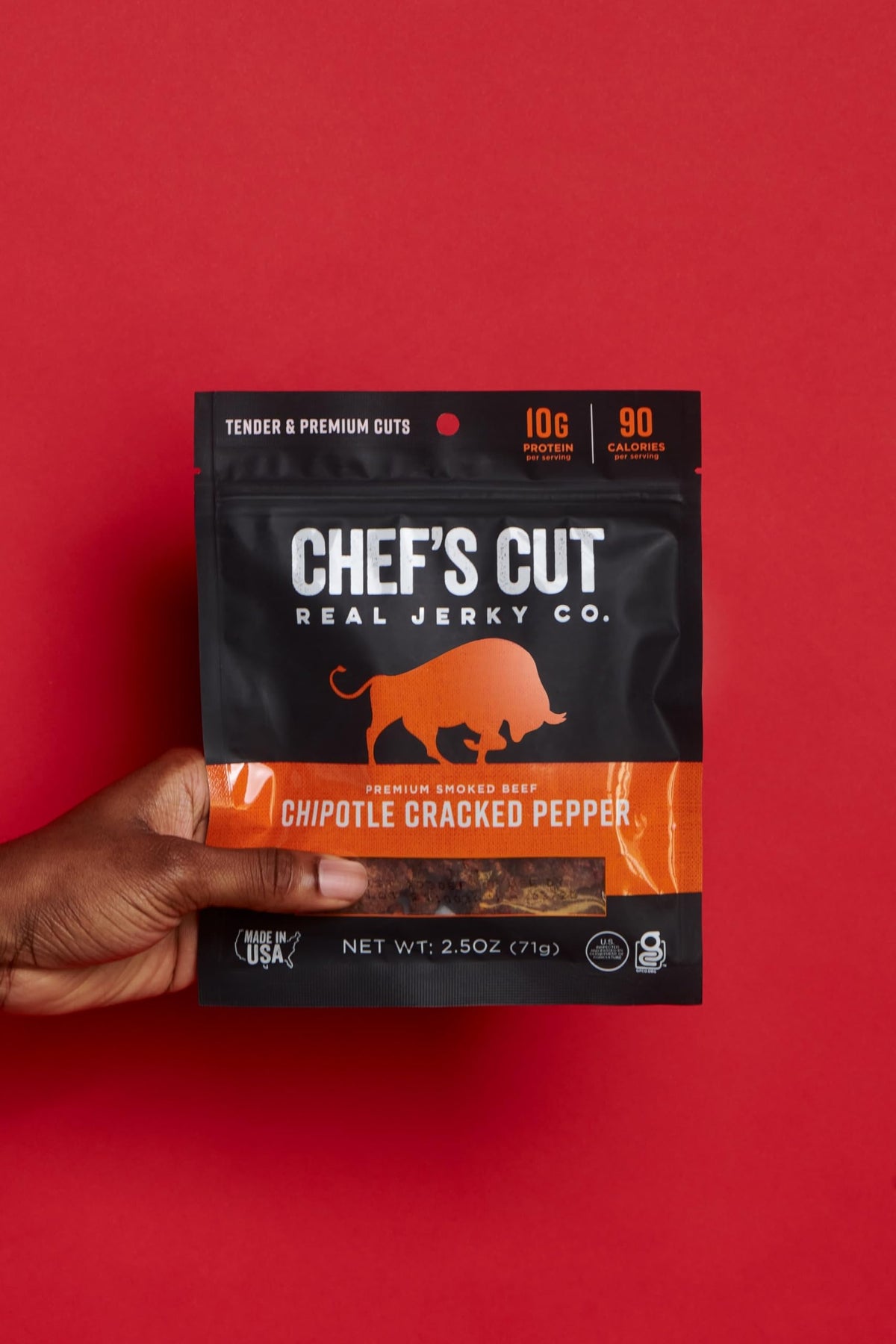 Chef's Cut Real Jerky Smoked Texture conveys bold flavor and aroma.