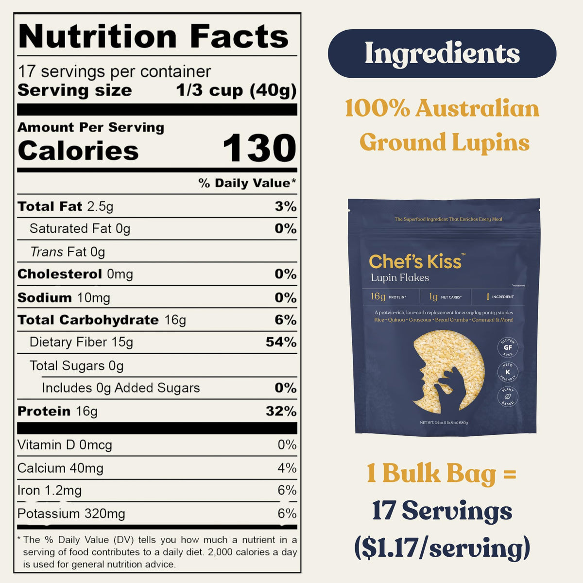 Open Chef's Kiss Lupin Flakes bag ready to pour into a recipe