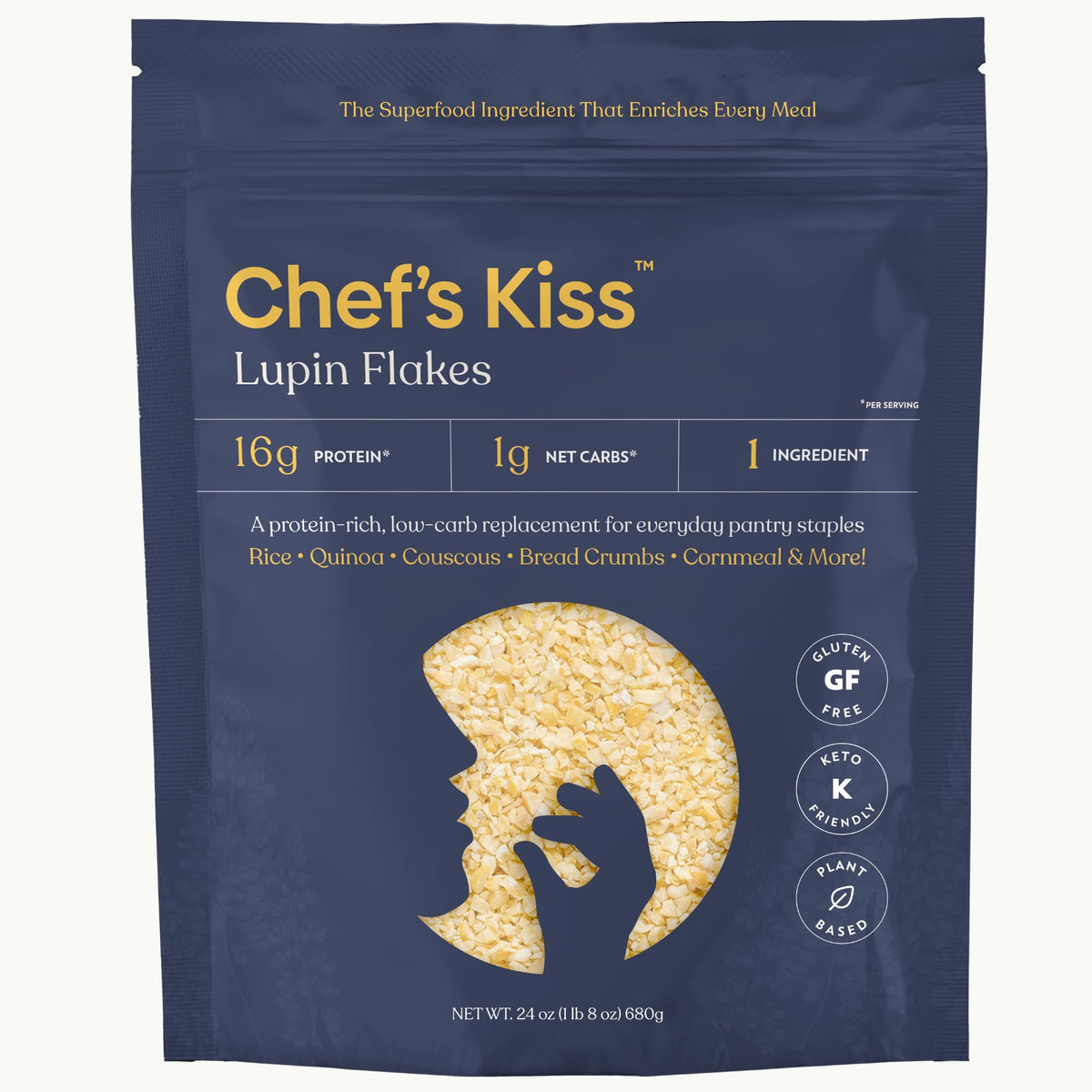 Chef's Kiss Lupin Flakes pack on counter, gluten-free protein option