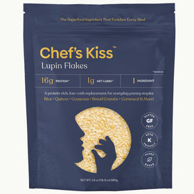 Chef's Kiss Lupin Flakes pack on counter, gluten-free protein option