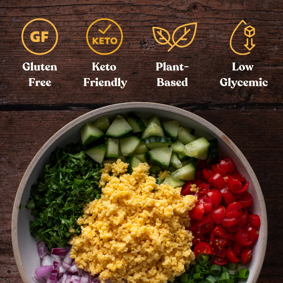 Chef's Kiss Lupin Flakes with vegetables in a colorful bowl