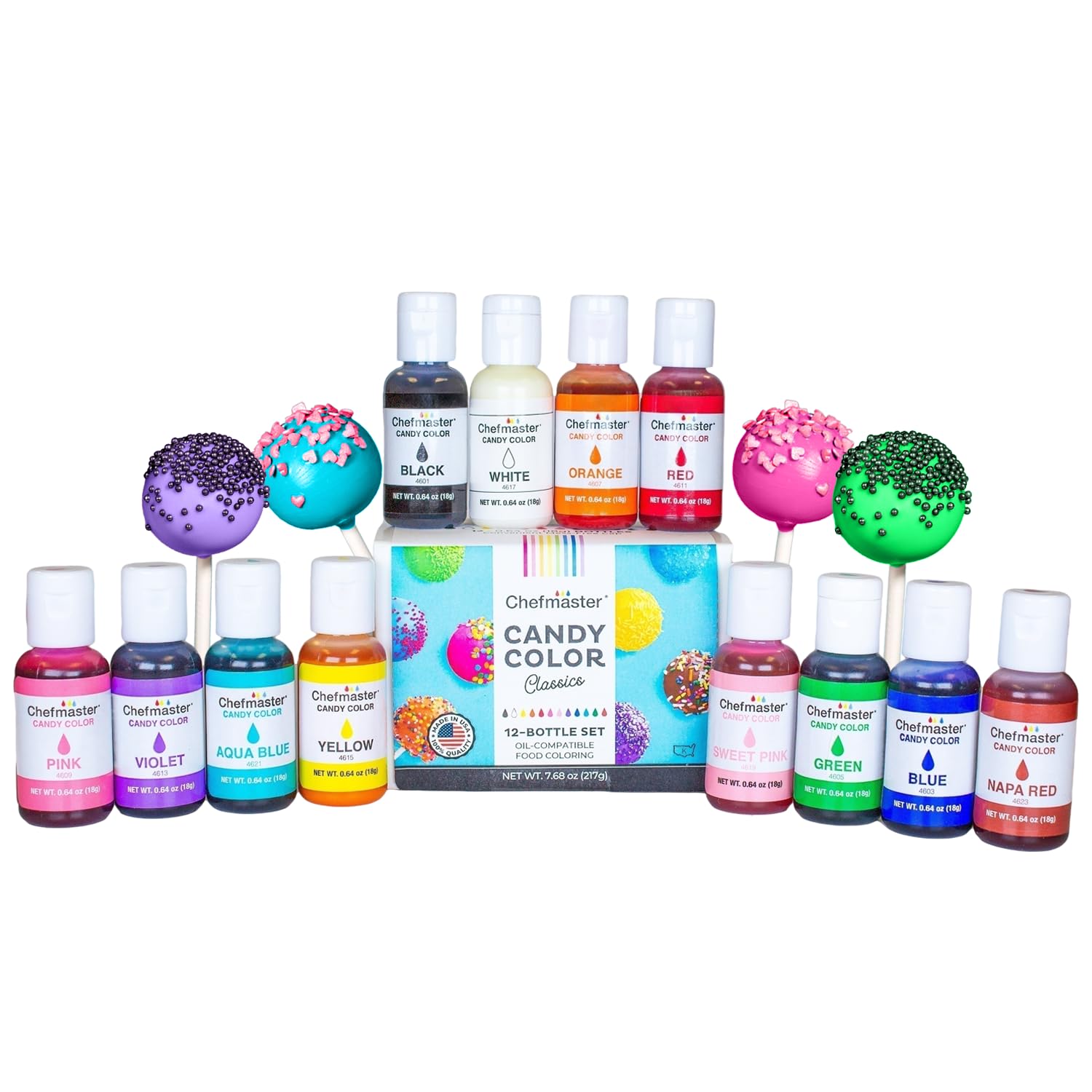 Chefmaster 12-bottle color palette for chocolate coatings delivering vibrant hues