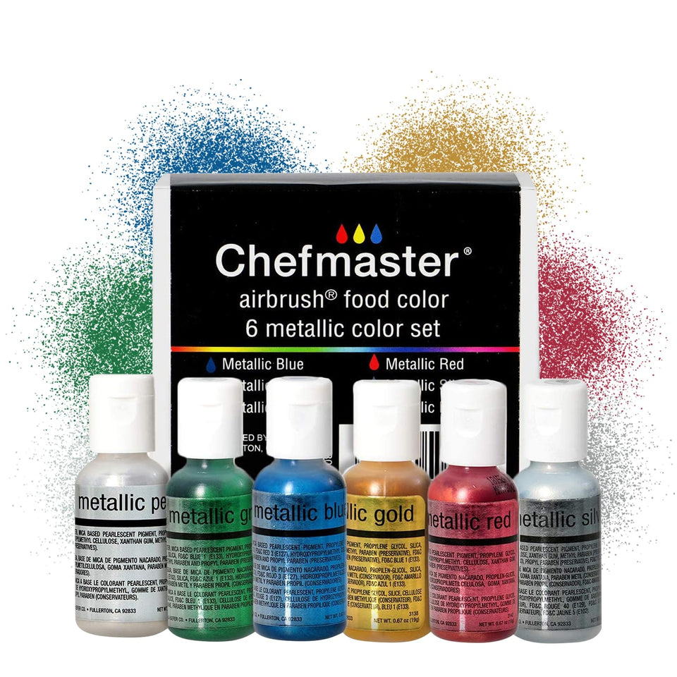 Chefmaster 6-bottle metallic airbrush colors enhance cakes with shimmer