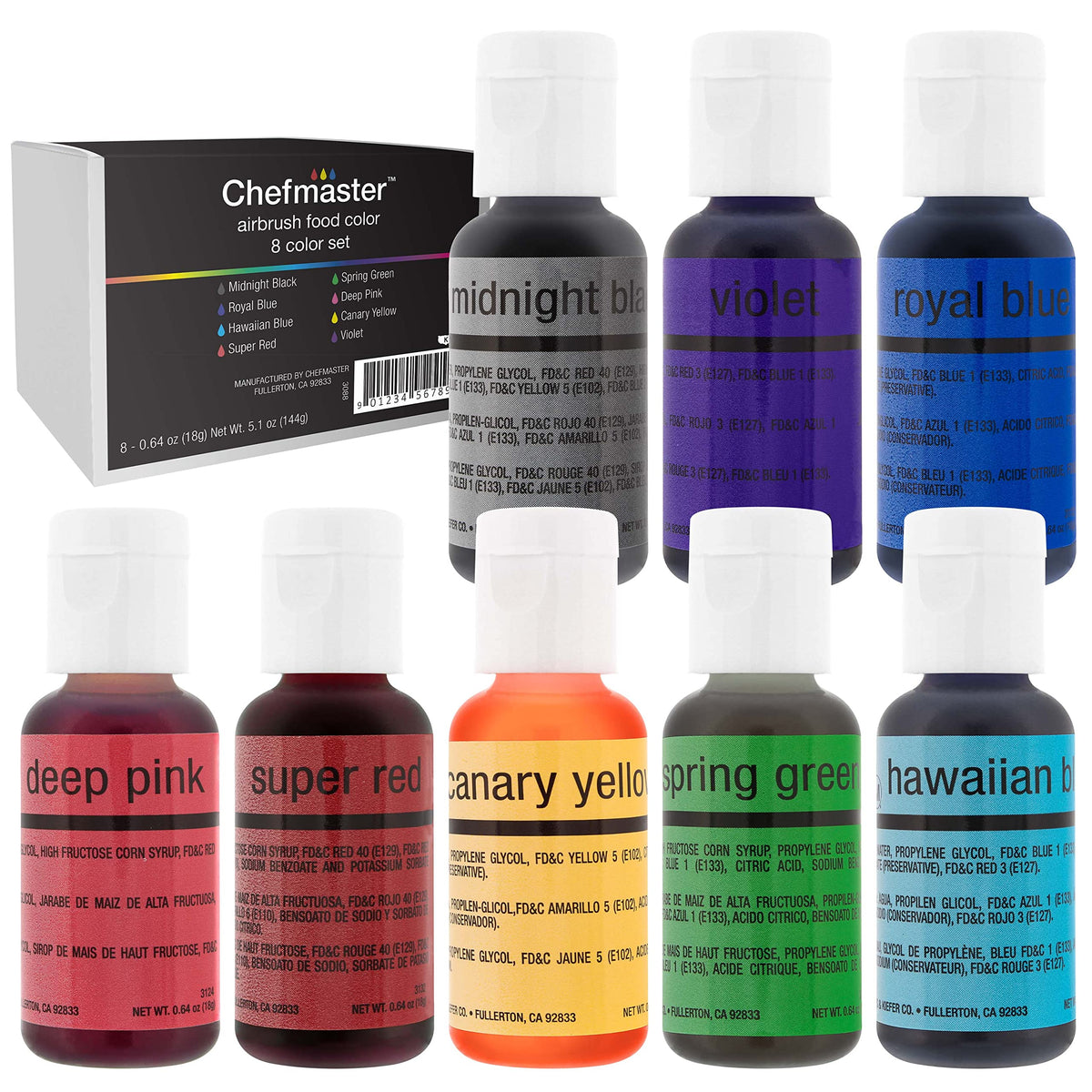 Chefmaster airbrush color bottles shown for cake decorating with vibrant hues