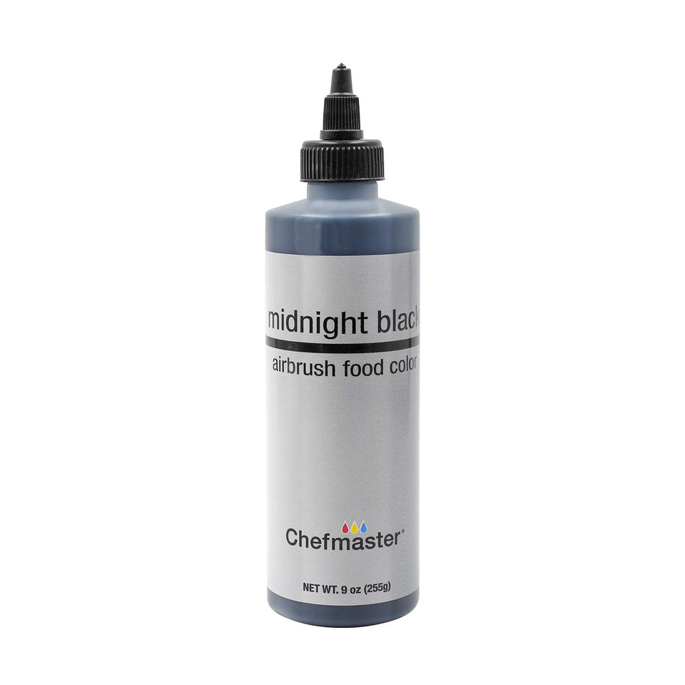 Chefmaster Midnight Black airbrush spray for vivid cake detailing and precise color.