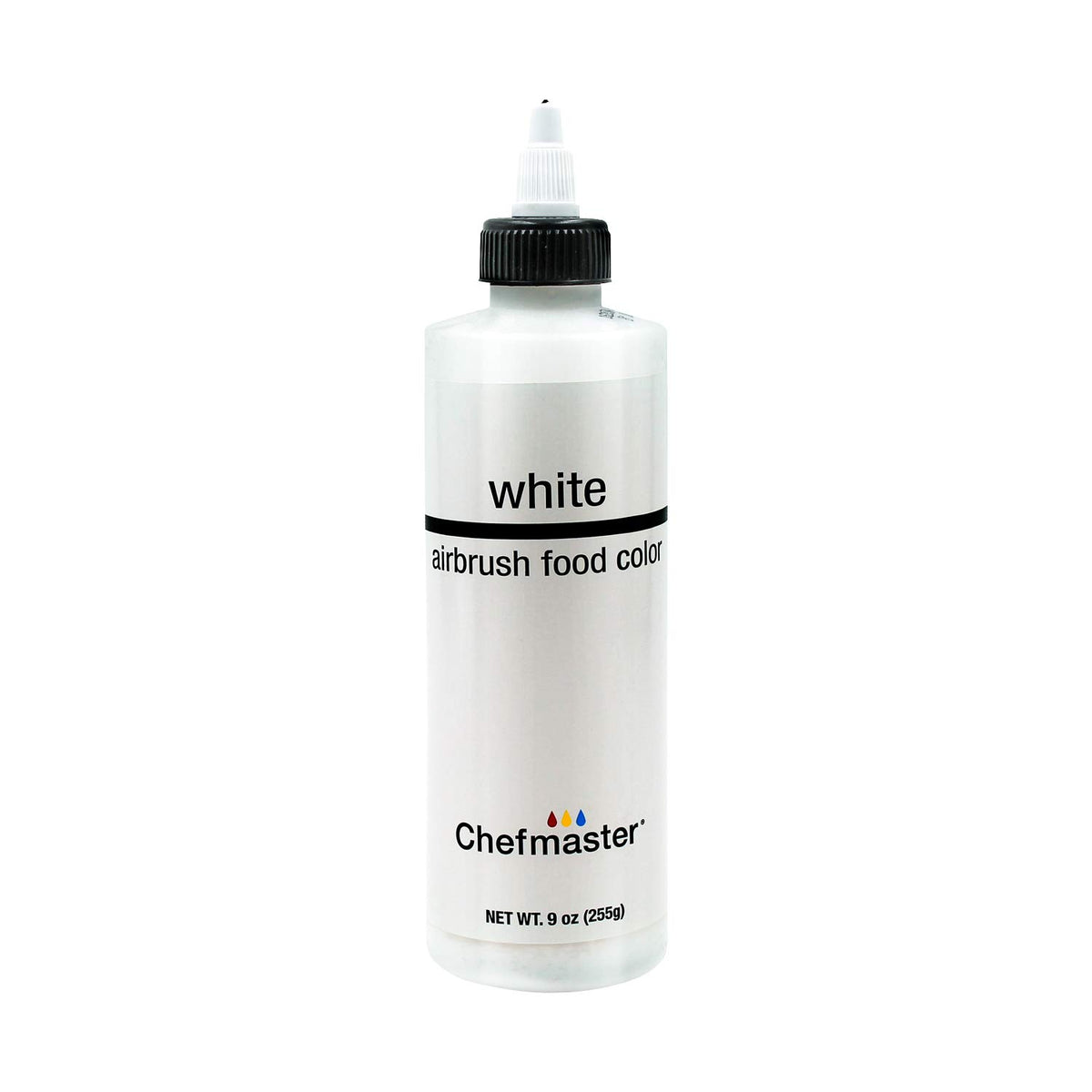 Chefmaster airbrush white color spray bottle for precise cake decorating.