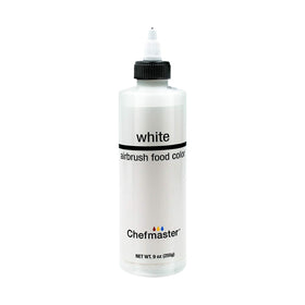Chefmaster airbrush white color spray bottle for precise cake decorating.
