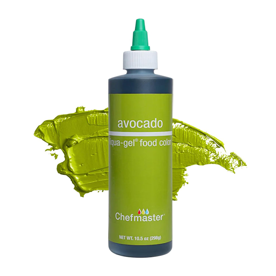 Chefmaster Avocado Liqua-Gel bottle pour enables precise icing color control.