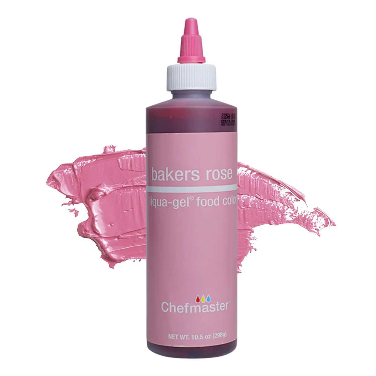 Chefmaster Liqua-Gel Rose bottle closeup for vivid color in icing and fondant.