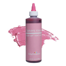Chefmaster Liqua-Gel Rose bottle closeup for vivid color in icing and fondant.