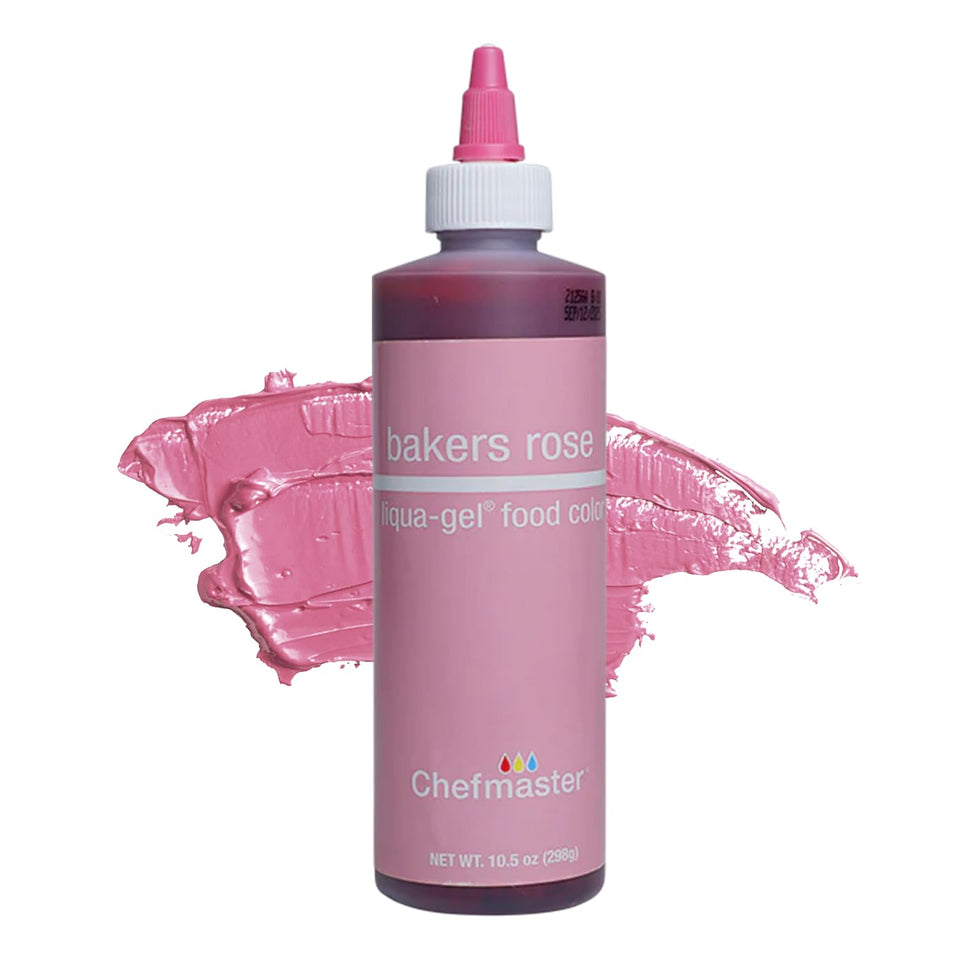 Chefmaster Liqua-Gel Rose bottle closeup for vivid color in icing and fondant.