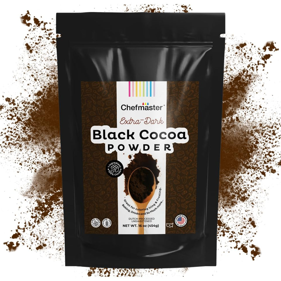 Chefmaster Black Cocoa Powder bottle showing rich jet-black color for dramatic desserts