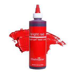 Chefmaster Bright Red Liqua-Gel bottle pour for precise icing color.
