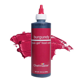 Chefmaster Burgundy Liqua-Gel bottle showing rich, fade-resistant color for baking.