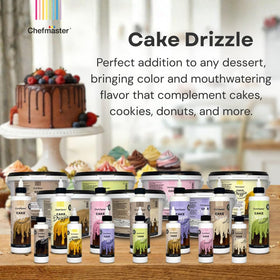 Chefmaster chocolate drizzle warms quickly in microwave for fast decorating.