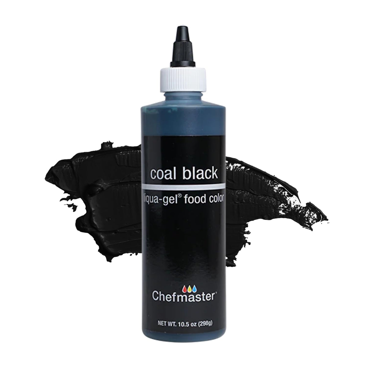 Chefmaster Coal Black Liqua-Gel bottle front shows vivid, fade-resistant color for icing.