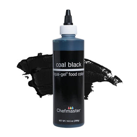 Chefmaster Coal Black Liqua-Gel bottle front shows vivid, fade-resistant color for icing.