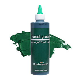 Chefmaster Forest Green Liqua-Gel bottle shows vibrant fade-resistant color for icing and fondant.