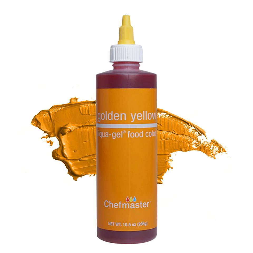 Chefmaster Golden Yellow Liqua-Gel cap-close for precise, fade-resistant icing color.