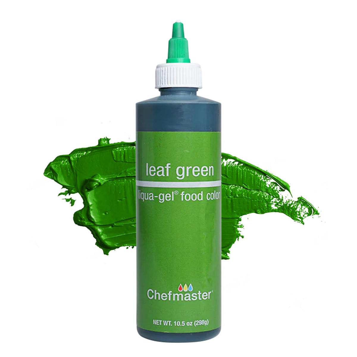 Chefmaster Leaf Green Liqua-Gel bottle shows bold color for vibrant decorations.