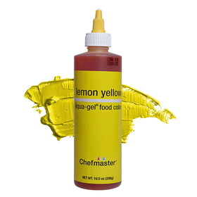 Chefmaster Lemon Yellow Liqua-Gel bottle shows vibrant icing color for decorating.