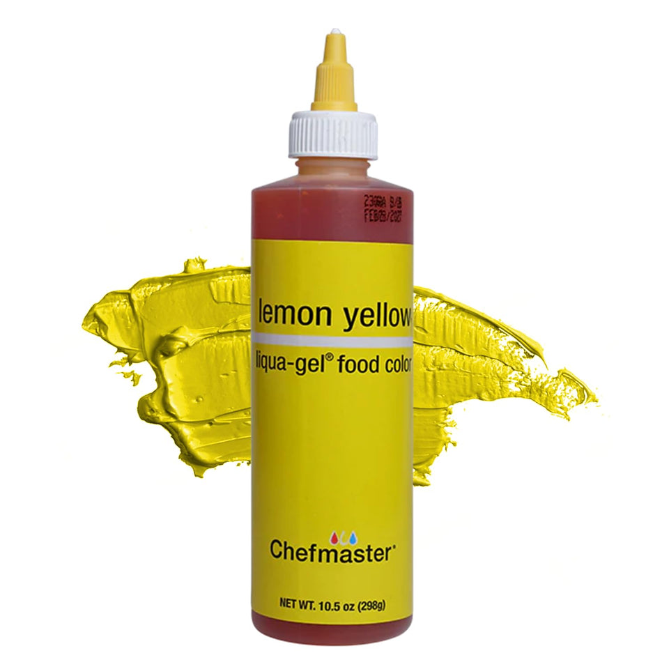 Chefmaster Lemon Yellow Liqua-Gel bottle shows vibrant icing color for decorating.