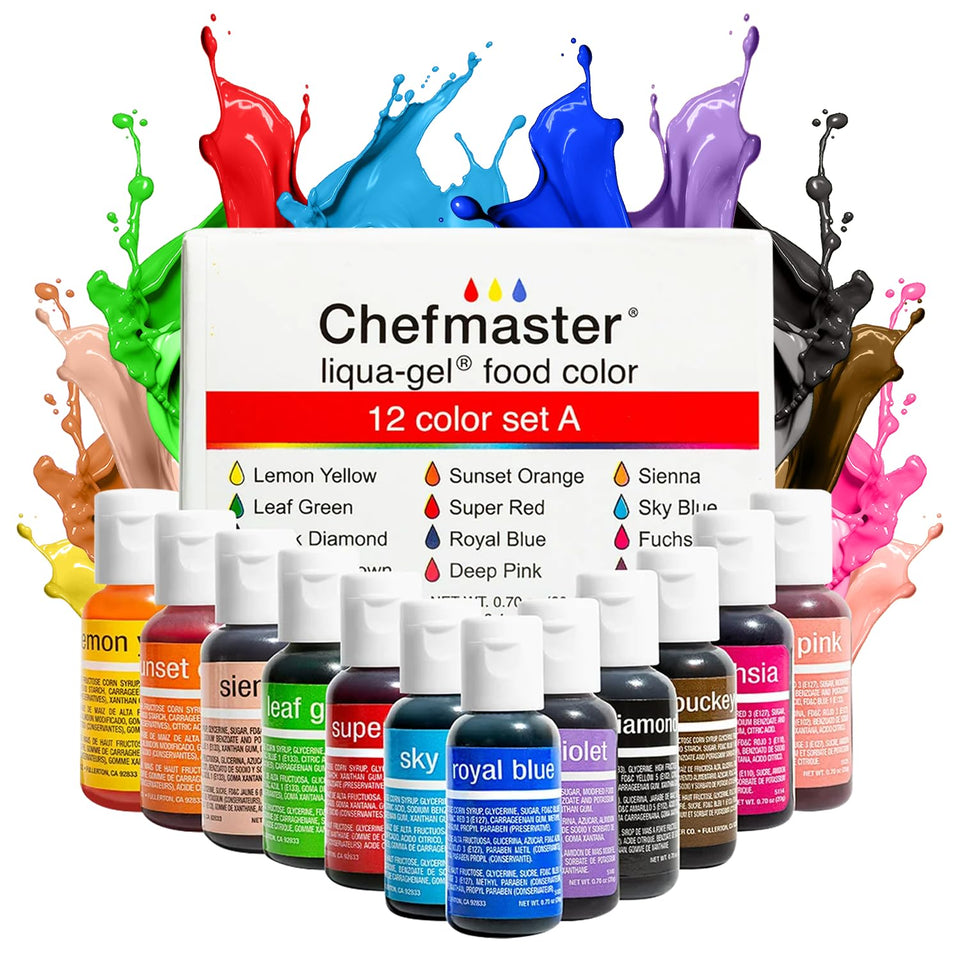 Chefmaster Liqua-Gel bottle squeeze shows precise color control for desserts.