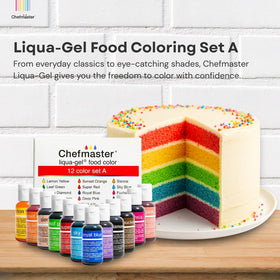 Chefmaster Liqua-Gel vivid color swatches demonstrate fade-resistant hues.