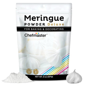 Chefmaster Meringue Powder Deluxe egg-white substitute in a mixing bowl for airy meringue.