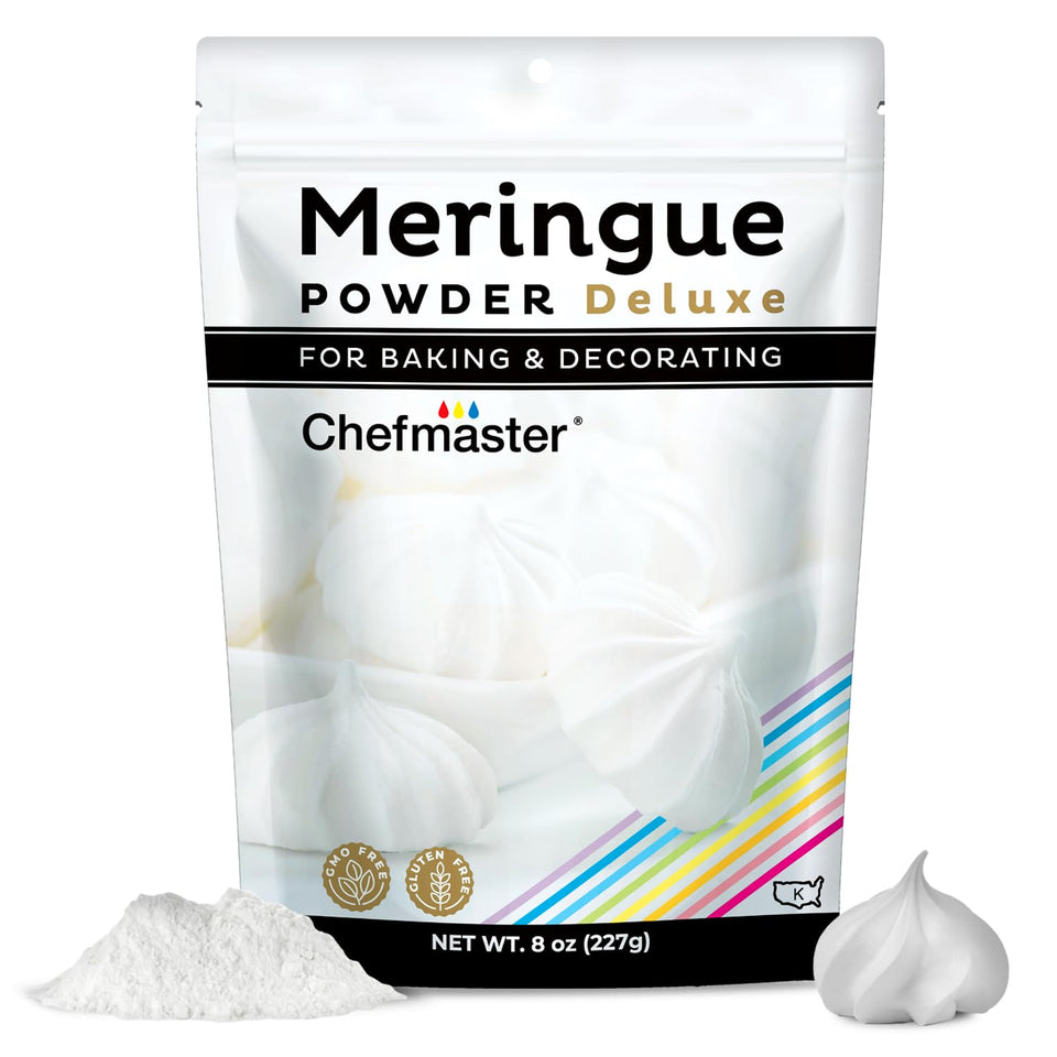 Chefmaster Meringue Powder Deluxe egg-white substitute in a mixing bowl for airy meringue.