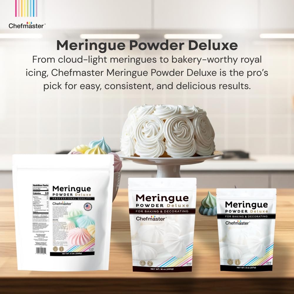 Chefmaster Meringue Powder Deluxe measuring cup scene for accurate egg white substitute usage.