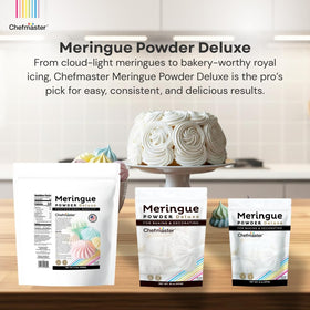 Chefmaster Meringue Powder Deluxe measuring cup scene for accurate egg white substitute usage.