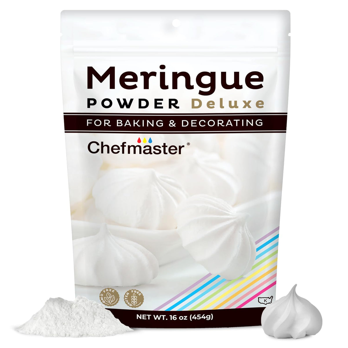 Chefmaster Meringue Powder Deluxe package front, ideal for effortless meringue cookies and royal icing prep.