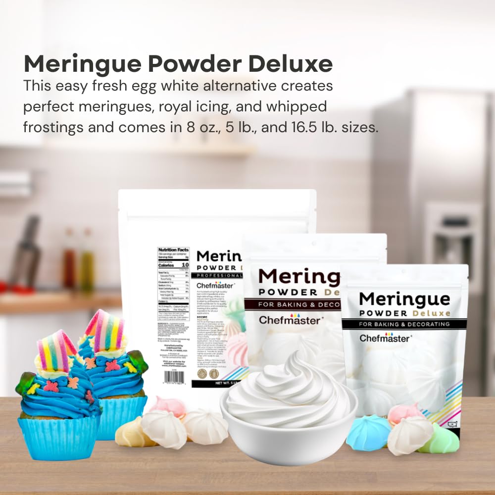Chefmaster Meringue Powder Deluxe whisked peaks image highlighting stable stiff peaks.