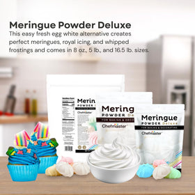 Chefmaster Meringue Powder Deluxe whisked peaks image highlighting stable stiff peaks.